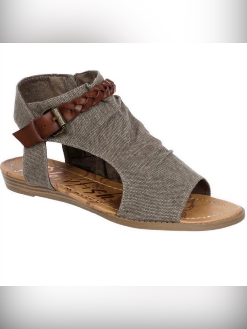 Blowfish Taupe Canvas Peep-Toe Gladiator Sandal with Brown Braided Strap